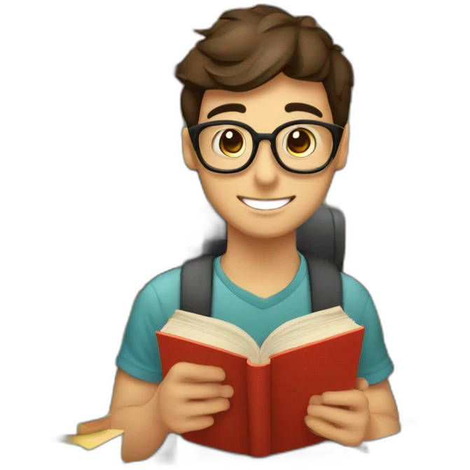 joven estudiante con  con un libro en sus manos y en su cabeza, junto a muchos libros y una lampara y un libro en su cabeza emoji