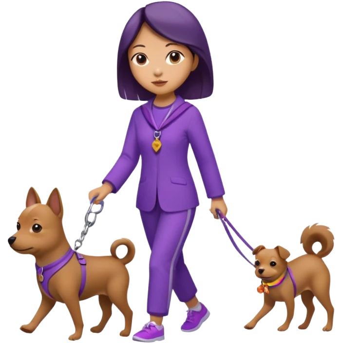 Chinese woman wearing purple outfit walking 1 small brown dog emoji