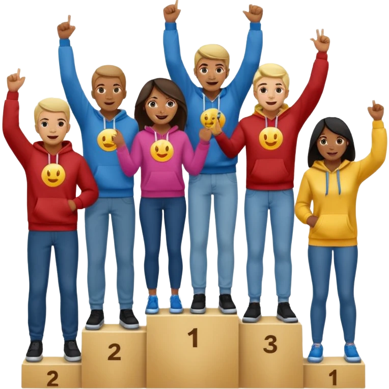 multi-racial men and women standing on a winners’ podium with the middle podium position elevated, each person casually dressed in fun clothing like jeans and hoodies, excited, fun, expressive emoji style emoji