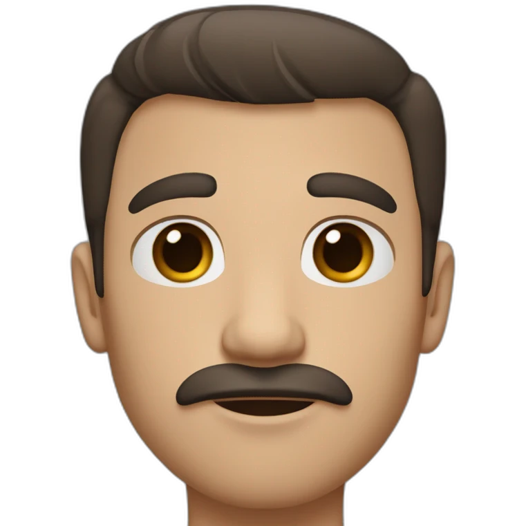White man with dark brown shag haircut, thick eyebrows, soulful brown eyes, large ears, pronounced cheekbones, and a simple moustache. emoji