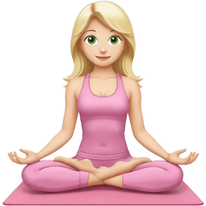 blonde yoga girl with long hair and green eyes, wearing light pink outfit, sitting in lotus pose on a yoga mat, emoji style emoji