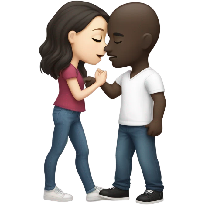 White girl dark hair kissing bald black man emoji