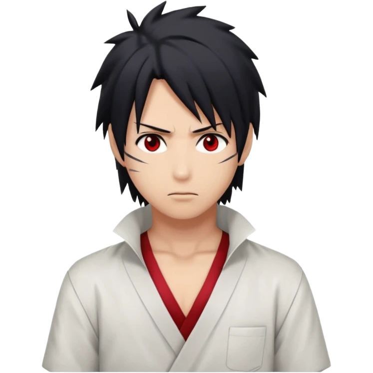 Sasuke Uchiha. White low cut shirt, dark hair, Sasuke hair, red eyes emoji
