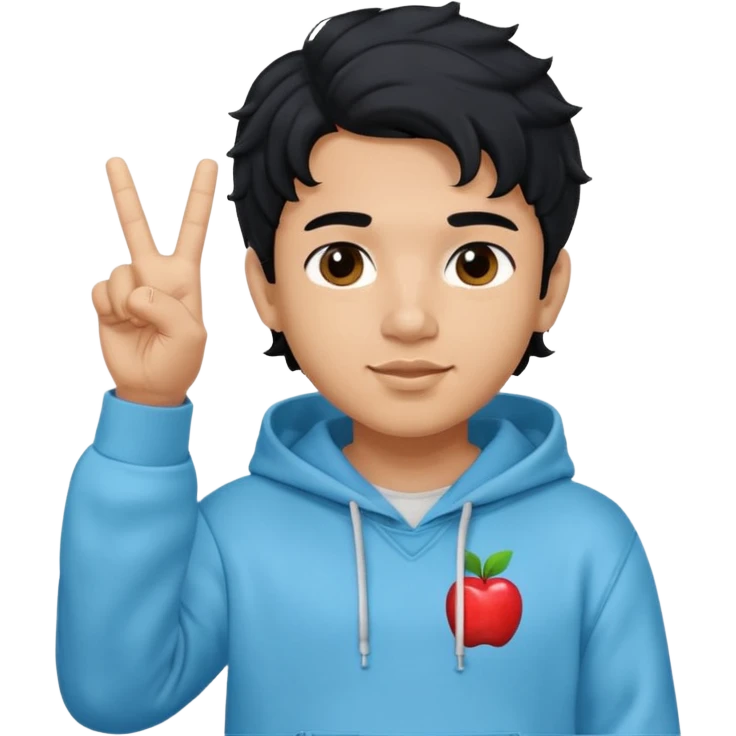 An indian boy in a light blue hoodie with wavy flow hairstyle showing peace sign, with black hair color, apple memoji style emoji