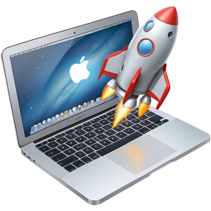 macbook，isometric view, chubby rocket flies emoji