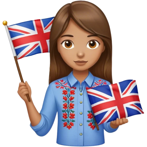 A Ukrainian girl with brown hair wearing an embroidered shirt holds a British flag emoji