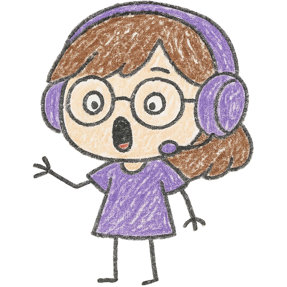 Edit the image of a female brunette with glasses and a purple gaming headset in chibi style to have a surprised facial expression. Keep the background transparent. emoji