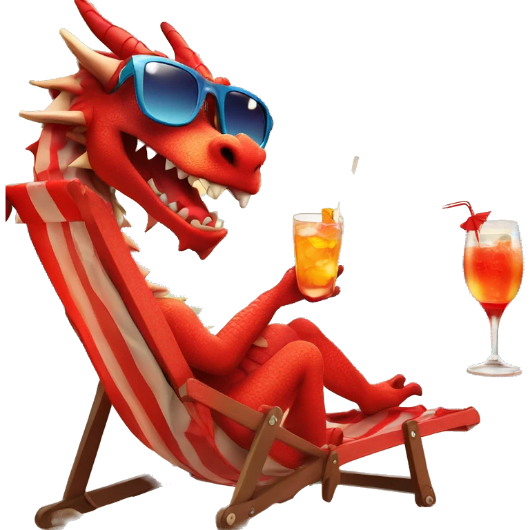 a dragon in sunglasses drinks a cocktail from one glass on the beach while sitting in a red sun lounger emoji