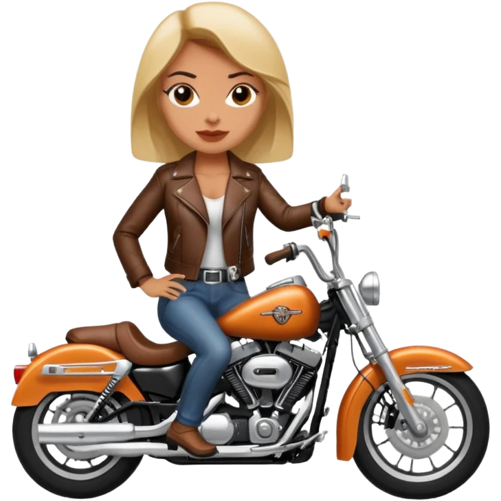 A woman wearing leather riding a Harley Davidson emoji