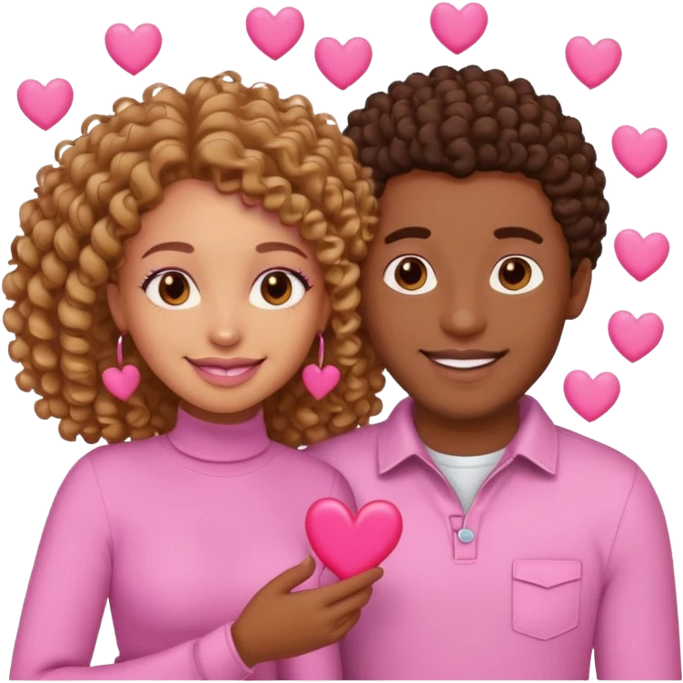 a black couple, woman light skin with curly hair and man brown skin with a nice smile with pink hearts around them cartoon emoji emoji
