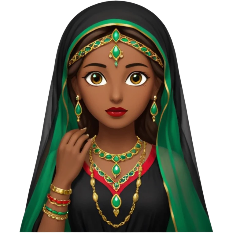 Mujer joven, morena, de gran belleza y porte misterioso.
 mirada intensa, labios marcados.
 Negro, largo, suele ir cubierto parcialmente por un velo
 Ropa de inspiración árabe: túnica colorida (rojo, dorado, verde esmeralda), con detalles dorados, brazaletes y pendientes. que se ve cuerpo entero emoji
