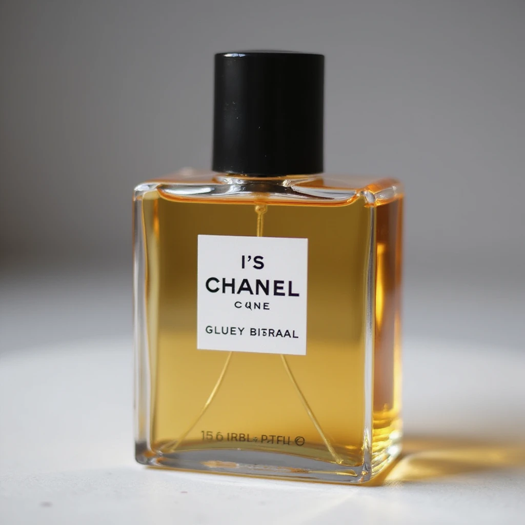 realistic Chanel perfume bottle with black cap, luxury branding, photorealistic style, minimal background emoji