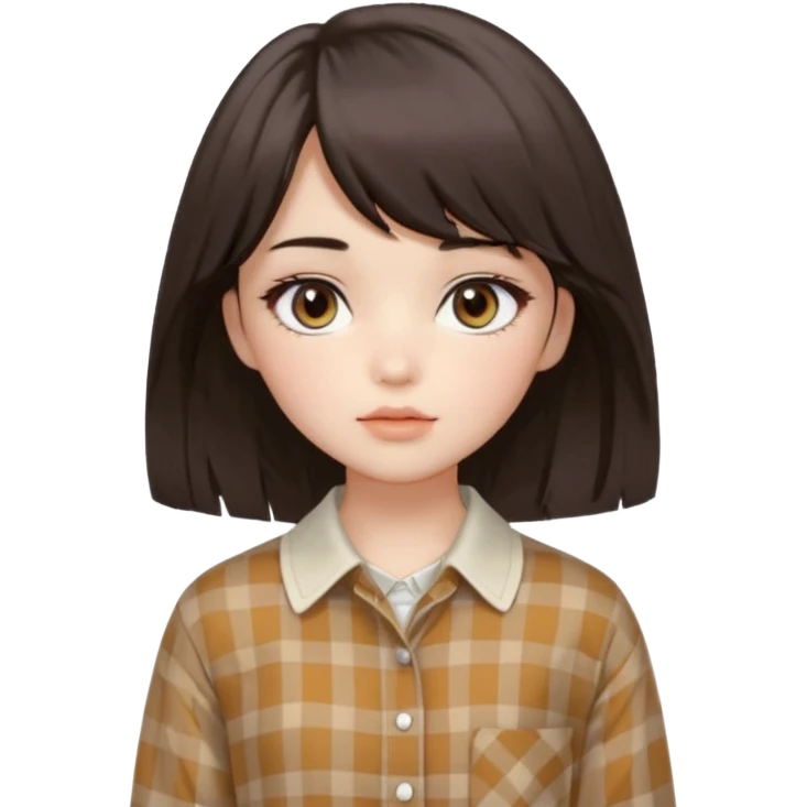 A fair, neutral-toned girl with dark brown layered hair (medium length, curtain bangs) and almond-shaped brown eyes. Doll-like makeup with soft brows, manhwa lashes, and normal lips. Oval face. Wearing an off-white checkered shirt, baggy pants, and minimal silver jewelry. emoji