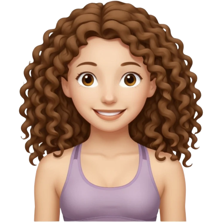 girl long brown hair curly yoga wearing beige emoji