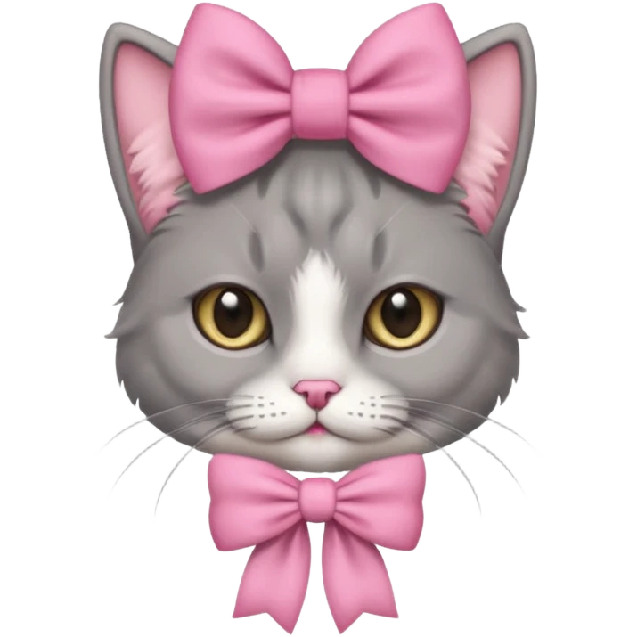 Fluffy extremely cute grey cat wearing a pink bow on its head emoji