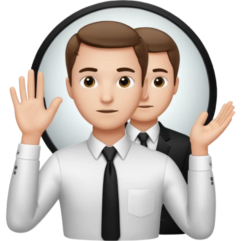 A man wearing a white dress shirt and black tie looking into a mirror holding up his hand. We should be seeing the back of the man and his reflection in the mirror. emoji