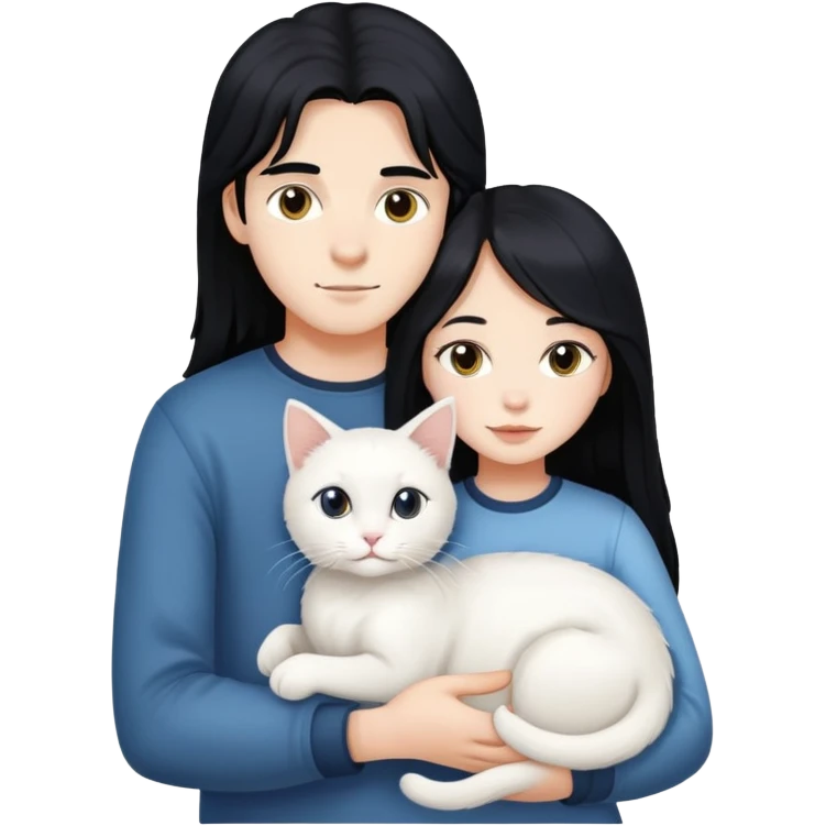 A young boy and a girl with long black hair holding a white cat emoji