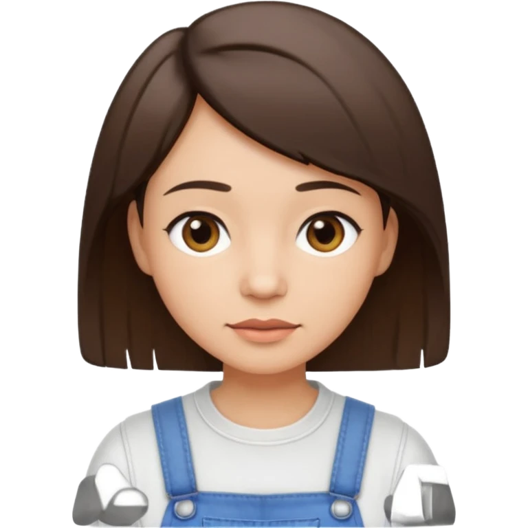 create an emoji of an adult woman with some faint wrinkles but with short straight brown hair, light skin, dark brown eyes and white top with an overall emoji