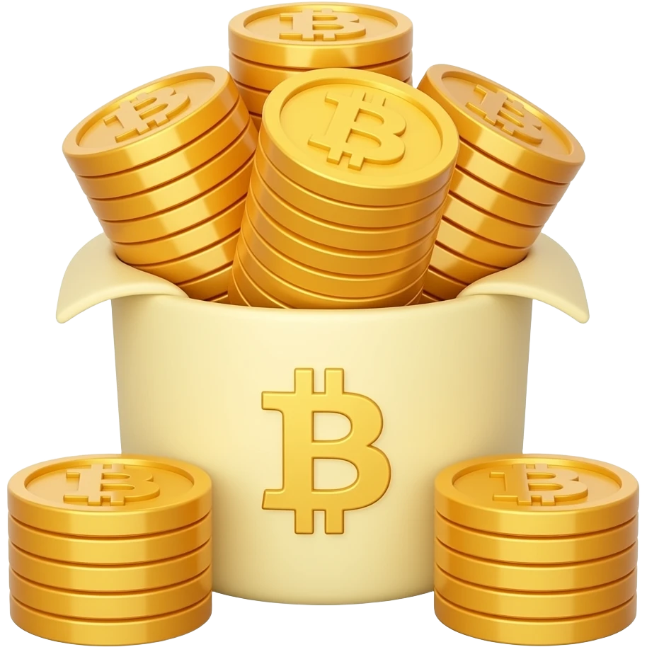 A cute, simple 3D emoji render of a bundle of small Bitcoin units (bits), on a white background. A tall central stack of golden-orange coins is tightly held by a pale yellow band with a bold, contrasting dark golden '₿' symbol, flanked by two shorter fanned stacks of smaller coins. emoji