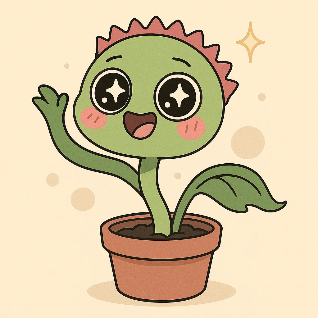 playful kawaii venus flytrap, waving leaf, sparkly eyes, simple background emoji