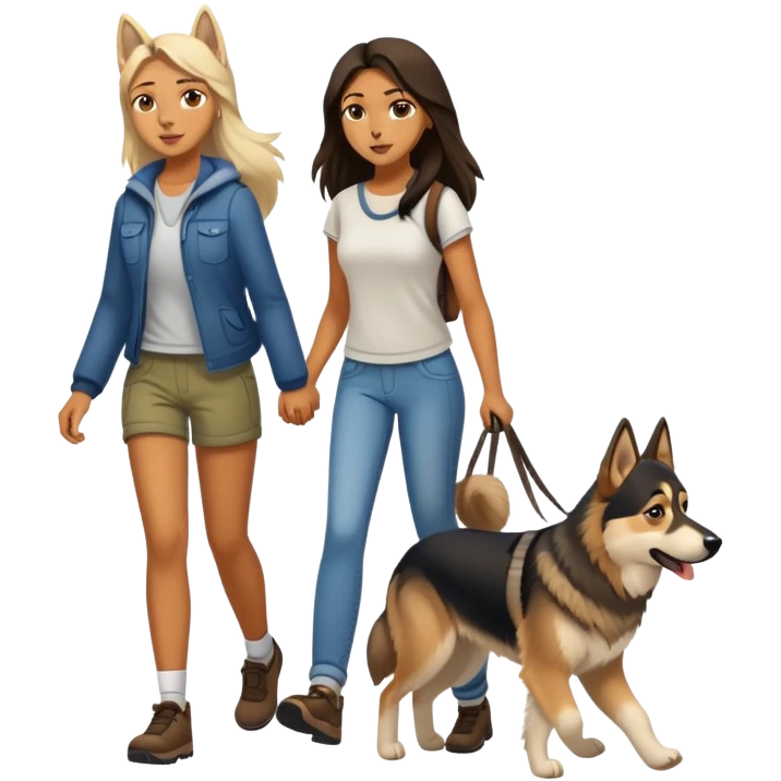 A long-haired girl walking a husky and a German shepherd emoji