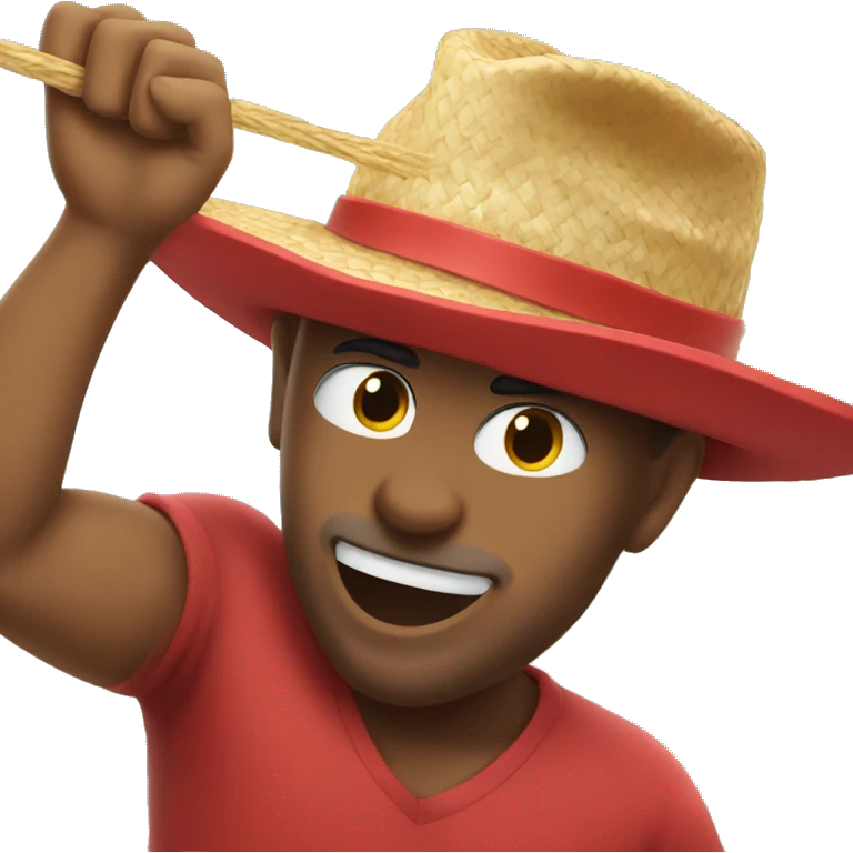 Guy with a red top and a straw hat punching the sky emoji