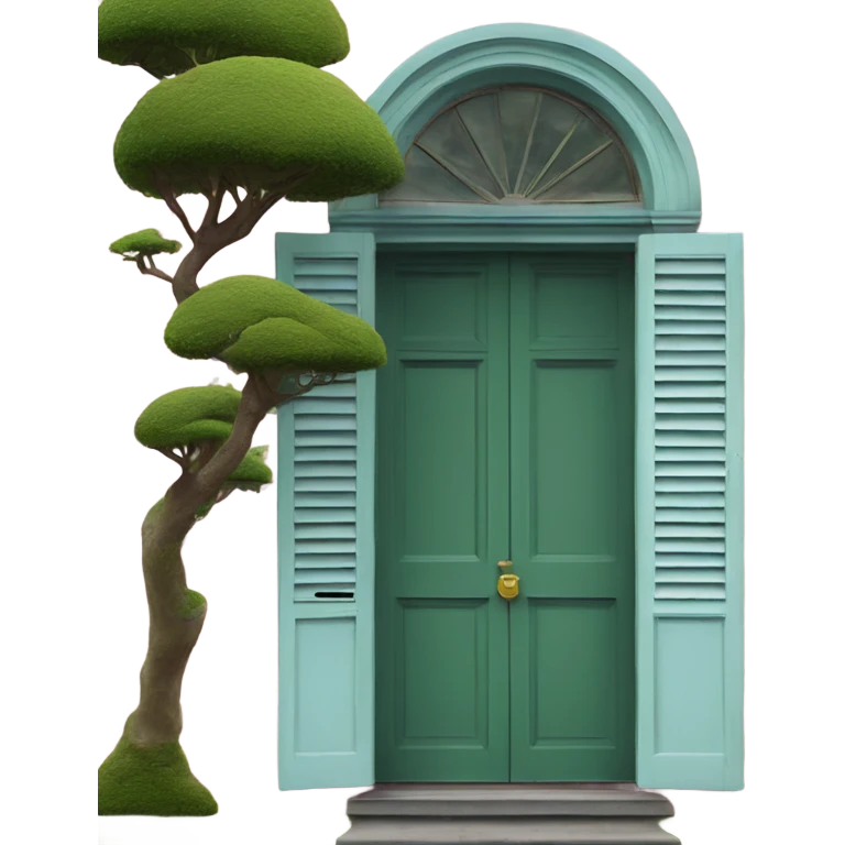 full view on a pink 19th century villa with dark green window frames and light blue door and moss green window shutters emoji