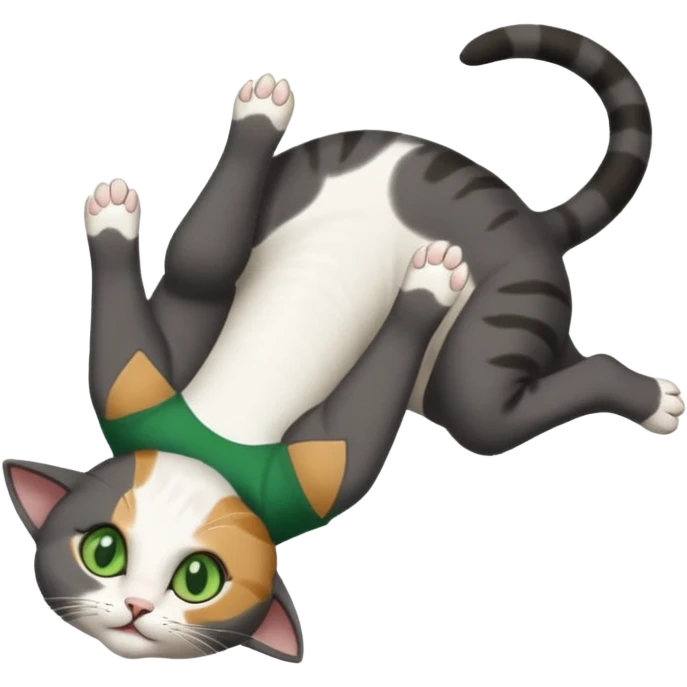 dark grey cat with green eyes, white toes/paws and white patch on her chest playfully rolling upside down emoji
