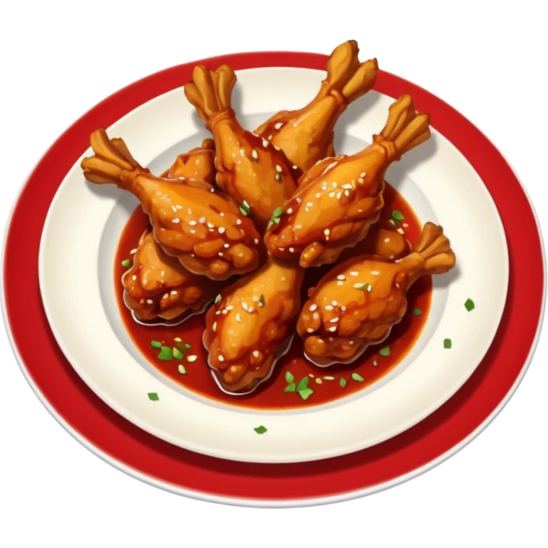 plate of spicy chicken wings with red sauce and chili flakes emoji
