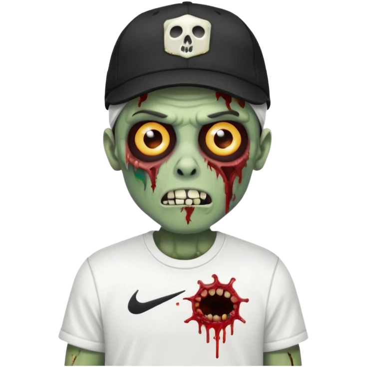 A zombie wearing a white Nike shirt, a black Nike cap, emoji