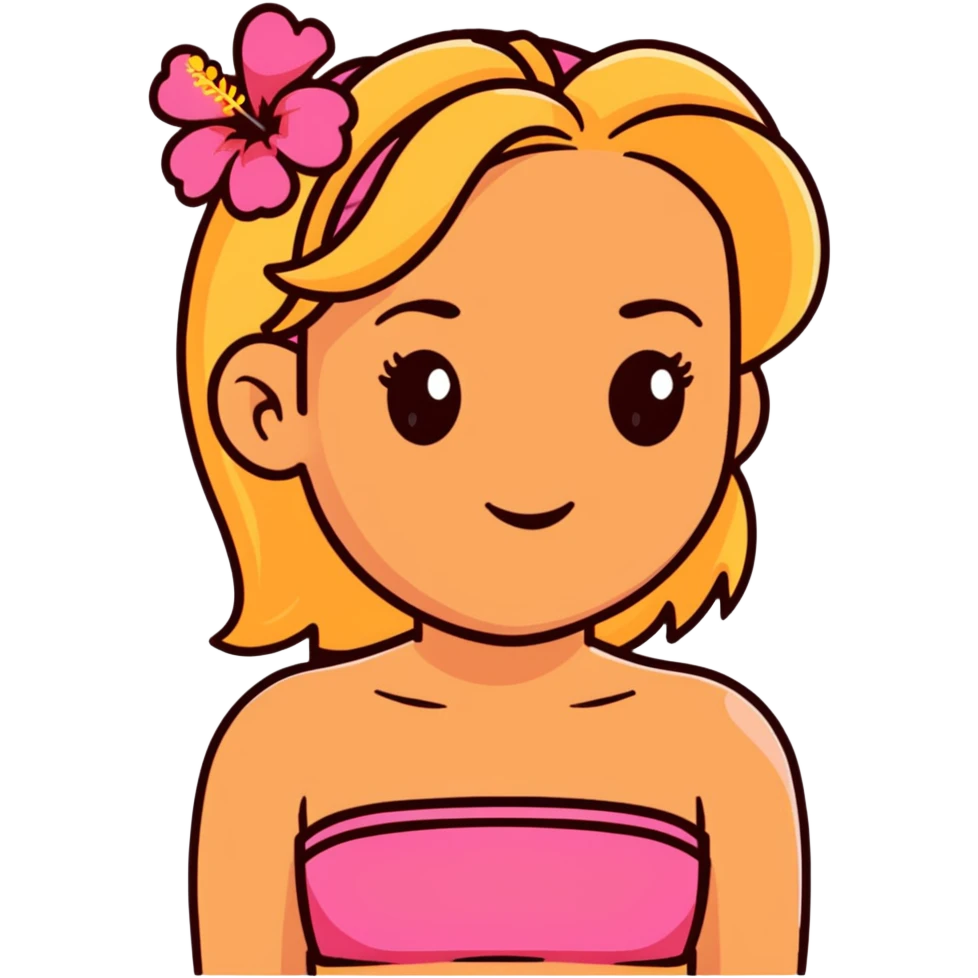 tan girl with blonde hair and brown highlight streaks with a hibiscus flower in her hair wearing a pink tube top with tan lines showing emoji