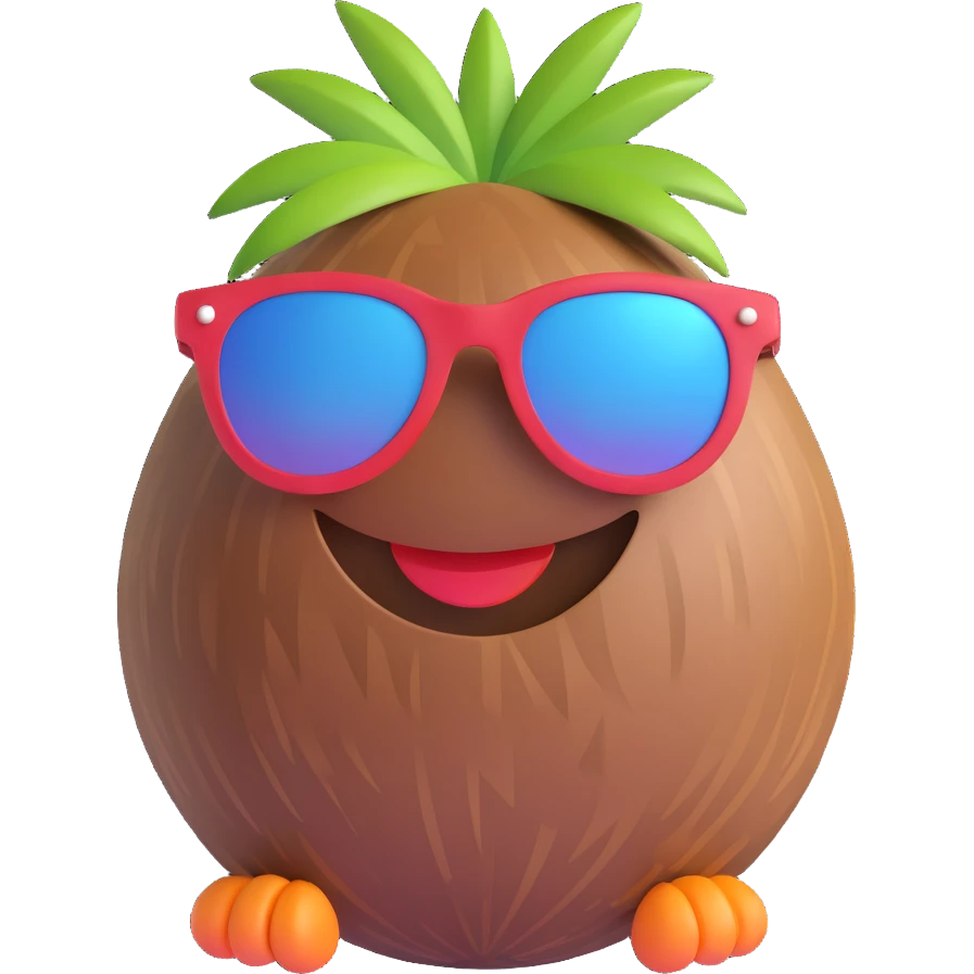 3D emoji style coconut with sunglasses and a smile, fun and playful emoji