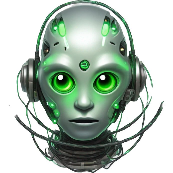 Round Alien cyborg head with glowing wires and green eyes  emoji