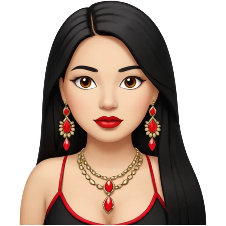 Mexican Light skin brown eyes glamorous full figured women black long straight hair red lips necklace and earrings long lashes emoji