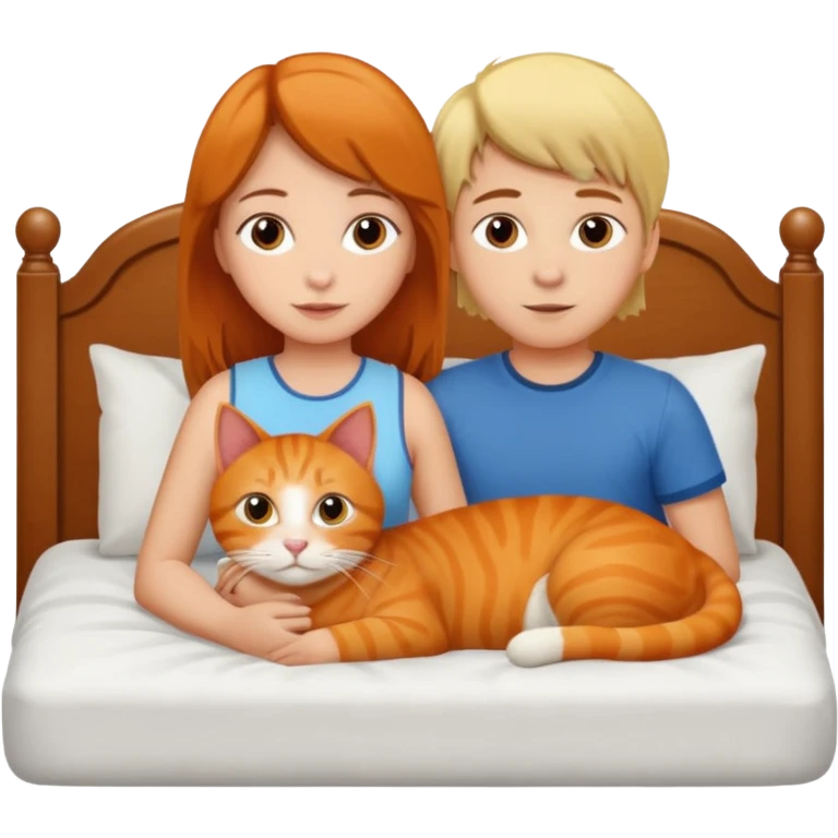 Girl with brown hair. Boy with blonde hair. In a bed. With an orange cat. emoji