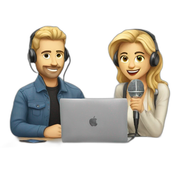 White man and woman podcasting with mics and a MacBook emoji