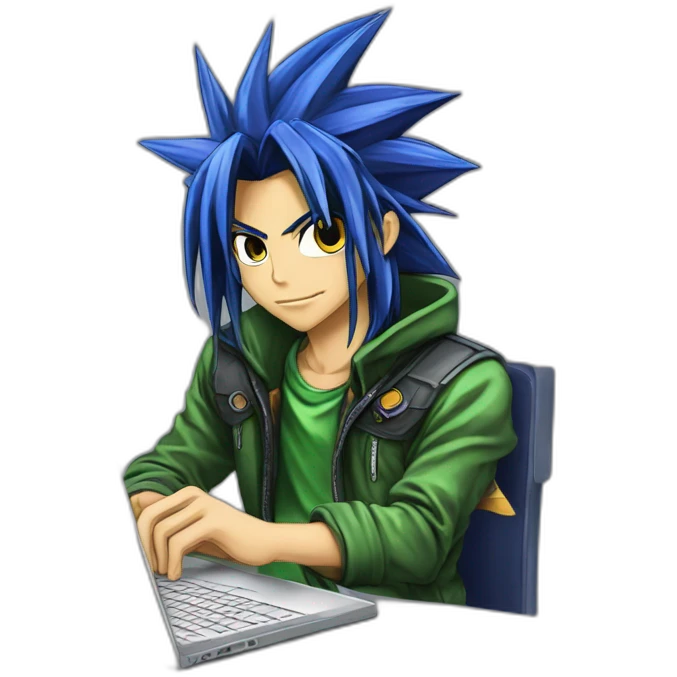 developer behind his laptop with this style :  yu-gi-oh manga anime with hacker themed character emoji