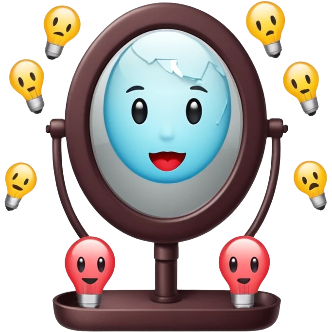 Minimalist emoji-style sticker of a vanity mirror with dim bulbs and cracked glass, words “Am I real yet?” smeared in dusty lipstick tone


 emoji