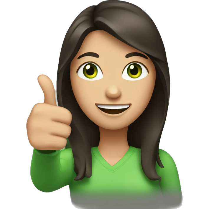 brunette woman with green eyes and thumbs up emoji