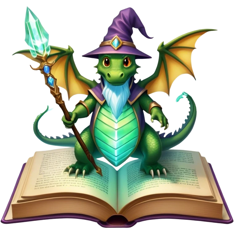 Icon for Fantasy and Sci-Fi Literature: a magical book with glowing pages, surrounded by a dragon, a spaceship, and a wizard with a staff. The icon should capture the adventurous and imaginative world of fantasy and science fiction. Transparent background. emoji