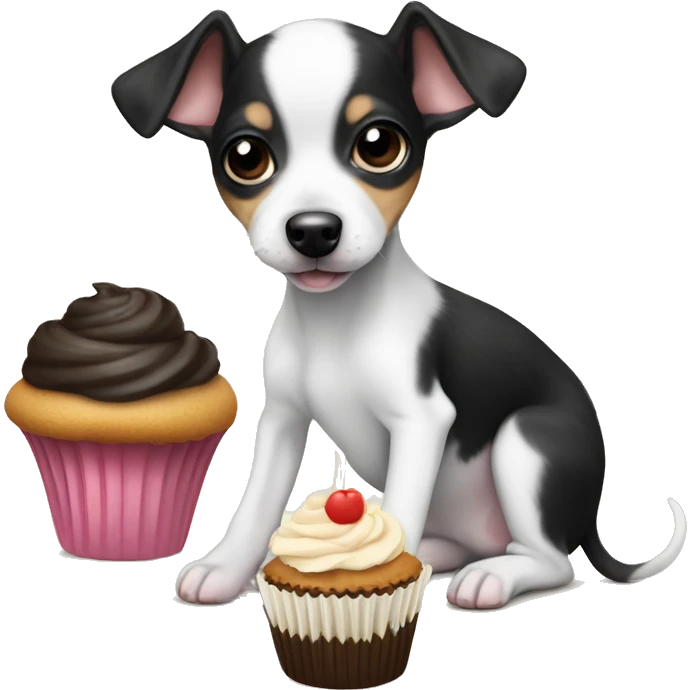 Cute big eyed Black and white rat terrier puppy (no brown or tan) eating a cupcake emoji