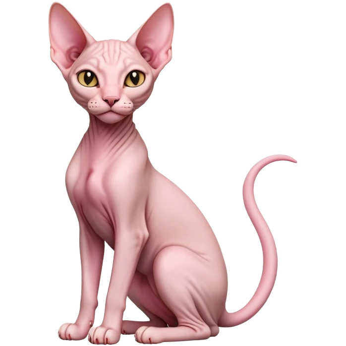 cinematic-[sphynx cat]-realistic-full-body-sitting-emoji,-tail-curled-playfully-around-its-paws,-head-tilted-dramatically,-sleek-[pink]-skin,-simplified-yet-realistic-focused-features,-highly-detailed,-glowing-with-an-almost-sarcastic-glow emoji