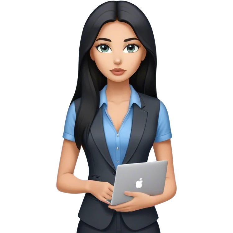 Glamours tanned very beautiful girl with pump peach nude lips and black straight smooth long hair, blue-grey eyes in beautiful v-neck black vest from the suit (short sleeves) no blazer and no anything under the vest, only vest with MacBook emoji