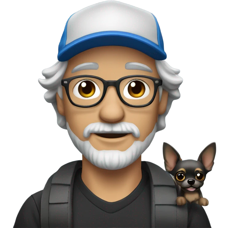 Handsome man wearing ball cap with gray goatee and gray hair and blue eyes holding all black long haired chihuahua emoji
