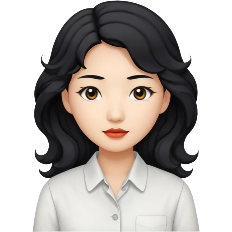 Asian woman, black hair, long permed wavy hair, white button-up shirt, flat colors, transparent background, black eyes emoji