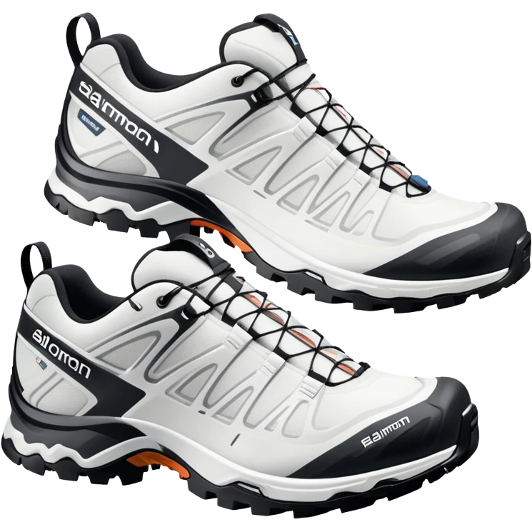 Pair of white Salomon XT-6 Gore-Tex shoes arranged with one slightly behind the other, iOS emoji style with simplified details, technical white hiking shoes with characteristic Quicklace system emoji