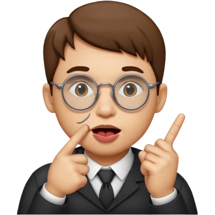 A circle with 2 fingers in a finger gun on his chin while biting his lip with his glasses down emoji