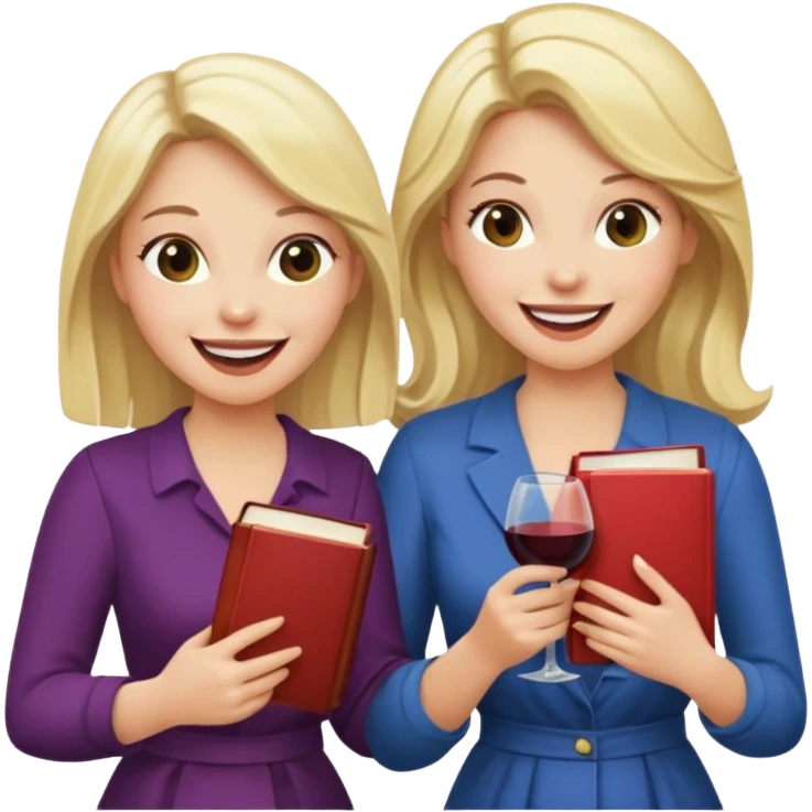 2 blondes and 2 brunettes laughing with books and wine in their hands  emoji