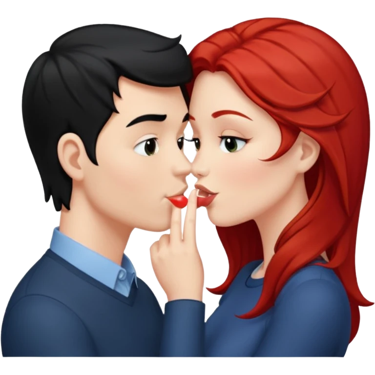 white man with black hair and redhead woman blowing eachother a kiss  emoji