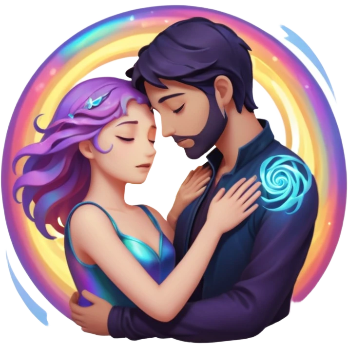 Two lovers surrounded by collapsing magic light, tragic dark fantasy romance emoji